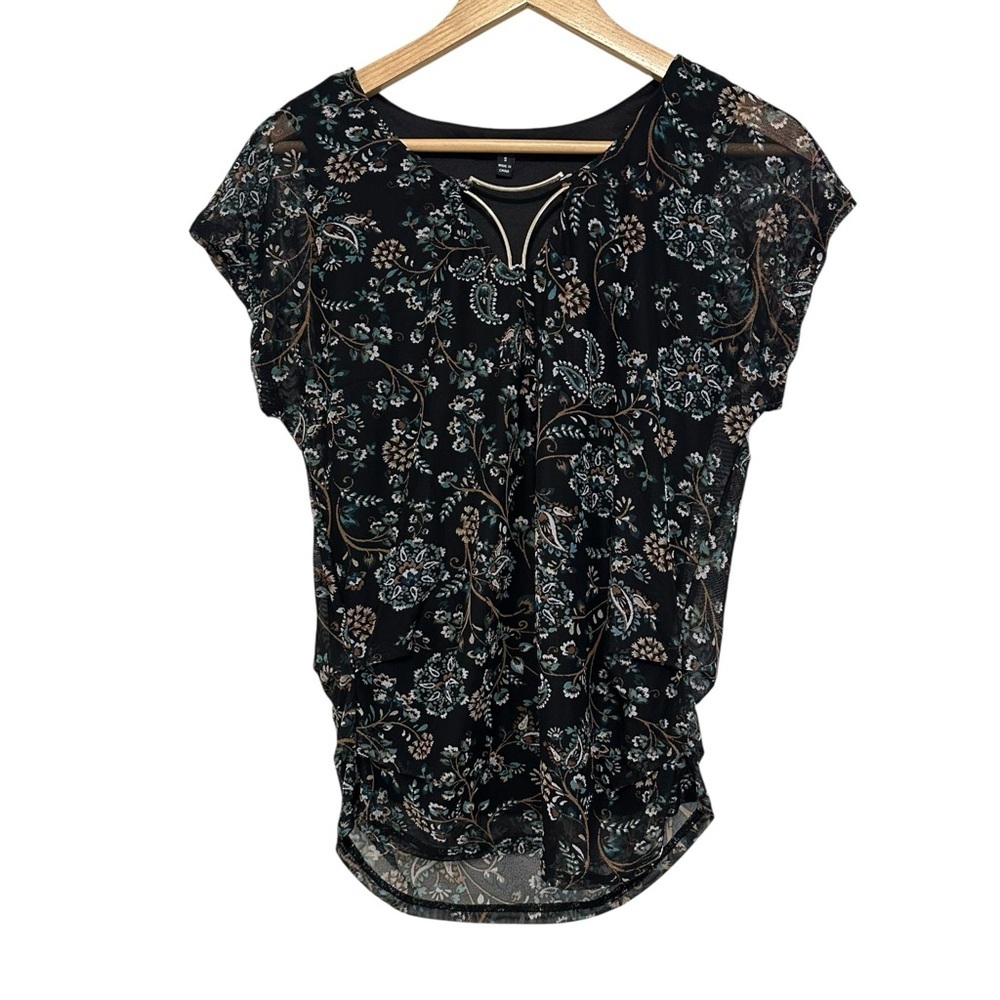 Womens Small Black Gold Cinched Flowy Whimsy Goth Paisley Floral Chiffon Blouse
